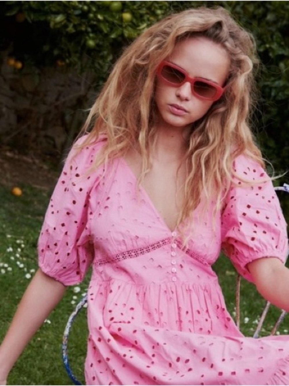 Zara Pink Puff-Sleeve Eyelet Mini Dress Barbie Pink Baby Doll Summer Dress Sz L - Picture 2 of 7
